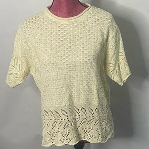 Two Twenty cream Ramie crochet knit short sleeve scallop hem sweater Size L